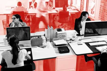 Busy office with red background