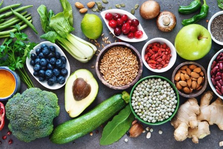 Photo of many healthy foods on a table