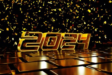 New Year 2024 with gold sparkles and golden tile floor